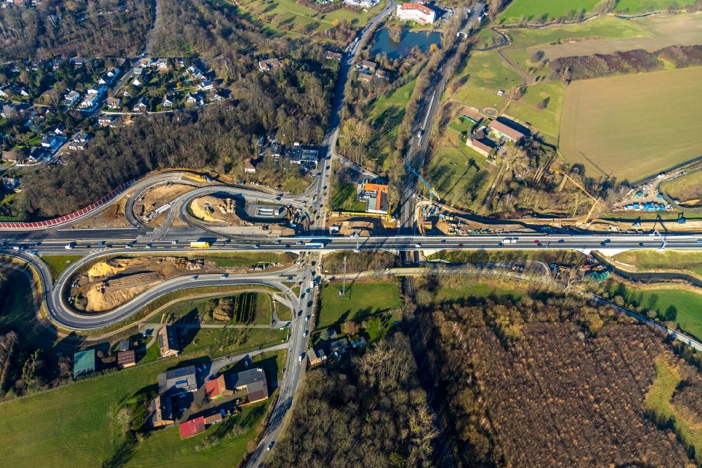 Duisburg from above - Construction site of ruting and traffic lanes during the exit federal highway B288 in the district Ungelsheim in Duisburg in the state North Rhine-Westphalia, Germany