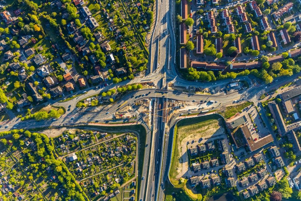 Münster from above - Construction site of ruting and traffic lanes during the exit federal highway B51 to the Wolbecker Strasse in Muenster in the state North Rhine-Westphalia, Germany