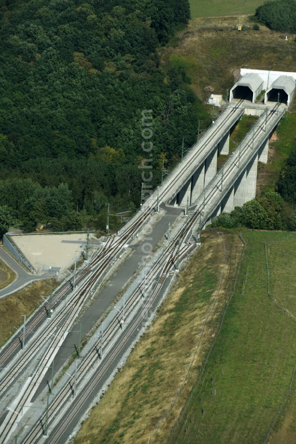 Aerial image Finneland - Construction site for new train- tunnel construction Finnetunnel - Bibratunnel the train and ICE route in Finneland in the state Saxony-Anhalt, Germany