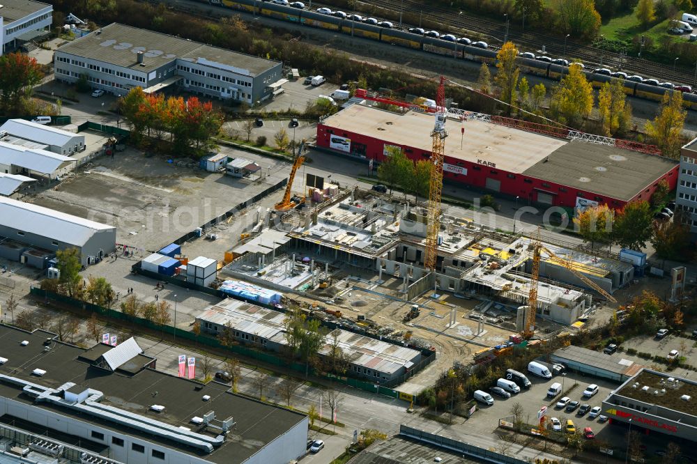Aerial image München - Construction site for the new building of Asylum accommodation buildings Arrival center - asylum reception center in the district Freimann in Munich in the state Bavaria, Germany