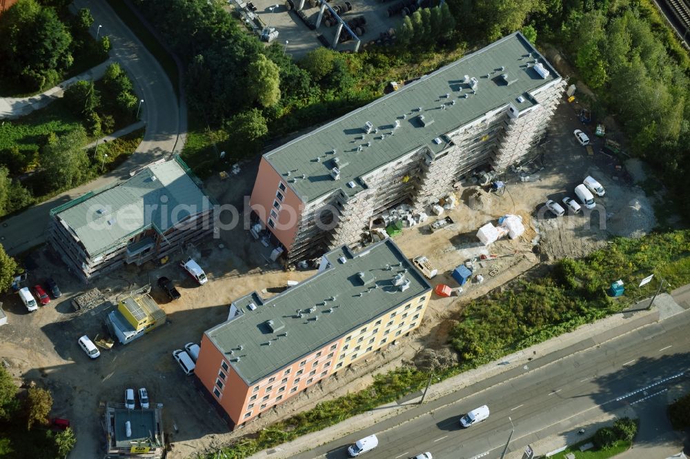 Leipzig from above - Construction site for the new building of Asylum accommodation buildings of LESG Gesellschaft of Stadt Leipzig to the Erschliessung, Entwicklung and Sanierung von Baugebieten mbH on Arno-Nitzsche-Strasse in the district Connewitz in Leipzig in the state Saxony