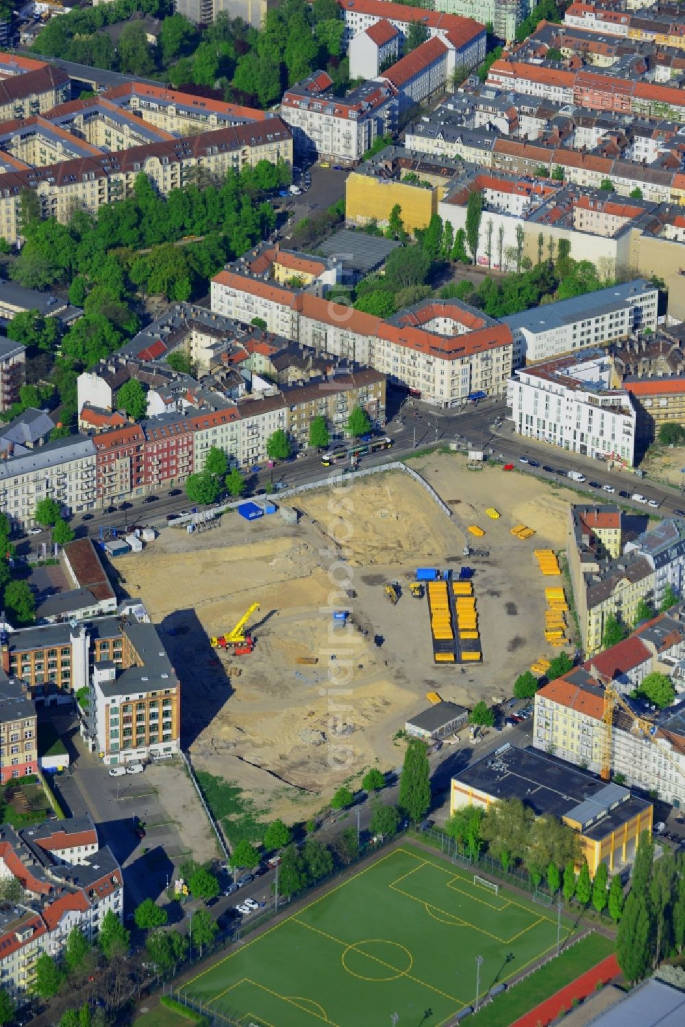 Aerial image Berlin - Site Freudenberg complex in the residential area of the Boxhagener Strasse in Berlin Friedrichshain