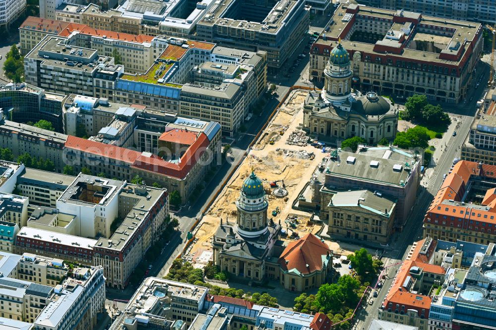 Berlin from above - Construction site place Gendarmenmarkt with the ensemble of buildings German and French Cathedral, Schauspielhaus in the Mitte district in the district Mitte in Berlin, Germany
