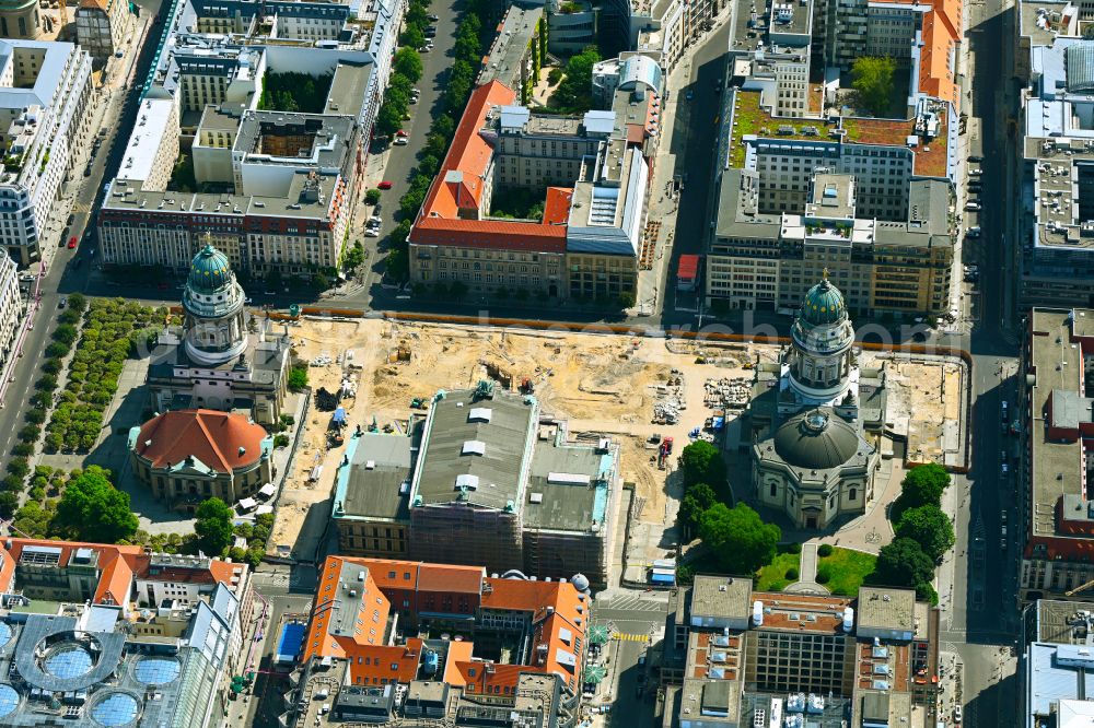 Aerial image Berlin - Construction site place Gendarmenmarkt with the ensemble of buildings German and French Cathedral, Schauspielhaus in the Mitte district in the district Mitte in Berlin, Germany