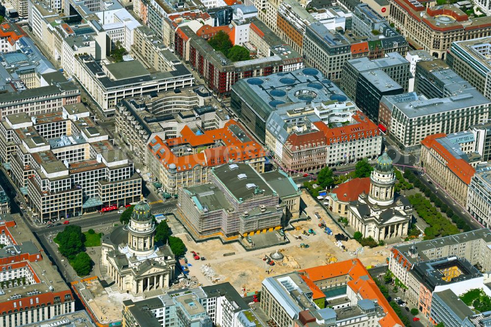 Berlin from above - Construction site place Gendarmenmarkt with the ensemble of buildings German and French Cathedral, Schauspielhaus in the Mitte district in the district Mitte in Berlin, Germany