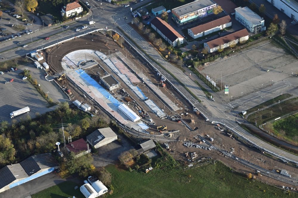 Freiburg im Breisgau from the bird's eye view: Construction works for the track systems of the S-Bahn final station Messe at the Madisonallee in Freiburg im Breisgau in the state Baden-Wurttemberg, Germany