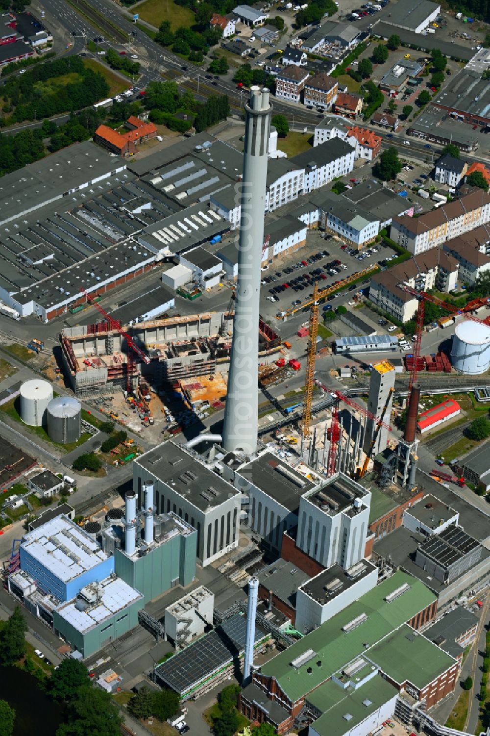 Aerial image Braunschweig - Construction site to build a new combined cycle power plant with gas and steam turbine systems HKW Mitte in Brunswick in the state Lower Saxony, Germany