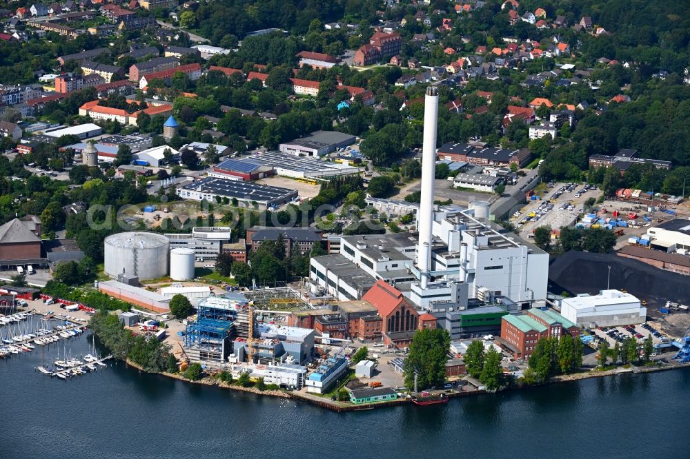 Flensburg from the bird's eye view: Construction site to build a new combined cycle power plant with gas and steam turbine systems on Strandweg in the district Nordstadt in Flensburg in the state Schleswig-Holstein, Germany