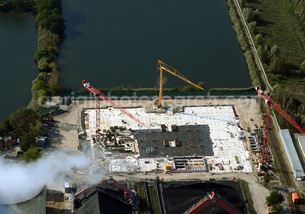 Aerial image Wolfsburg - Construction site to build a new combined cycle power plant with gas and steam turbine systems on factory premises of VW Volkswagen AG in Wolfsburg in the state Lower Saxony, Germany