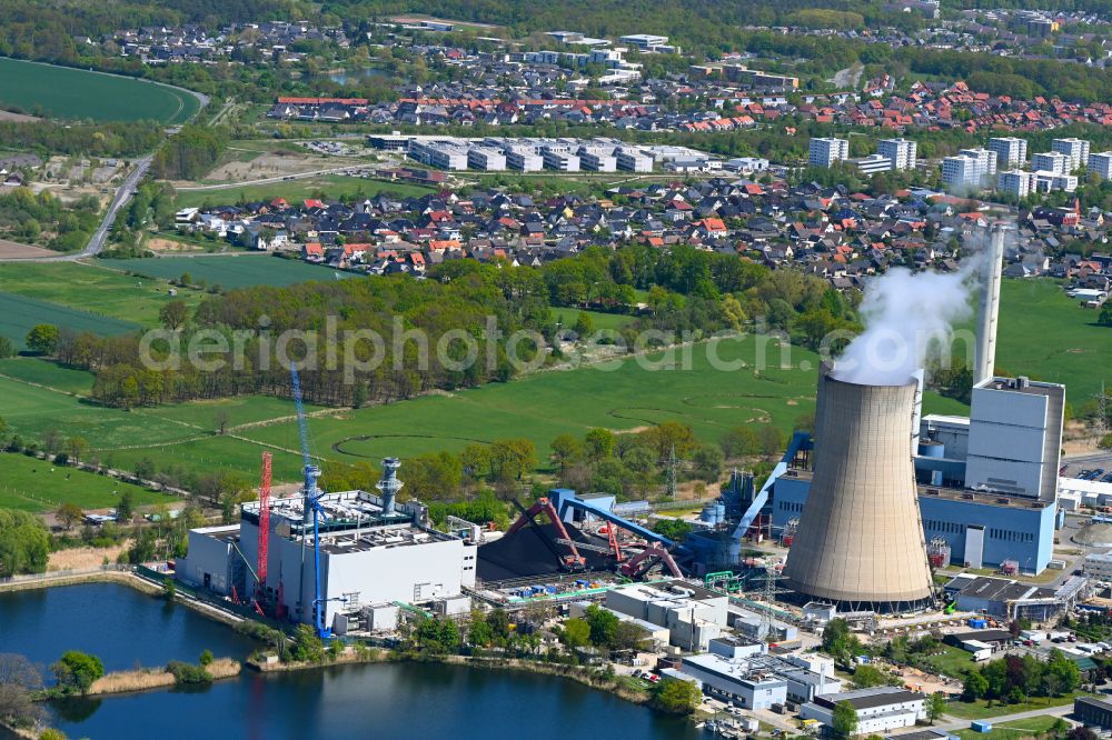 Wolfsburg from the bird's eye view: Construction site to build a new combined cycle power plant with gas and steam turbine systems on factory premises of VW Volkswagen AG in Wolfsburg in the state Lower Saxony, Germany