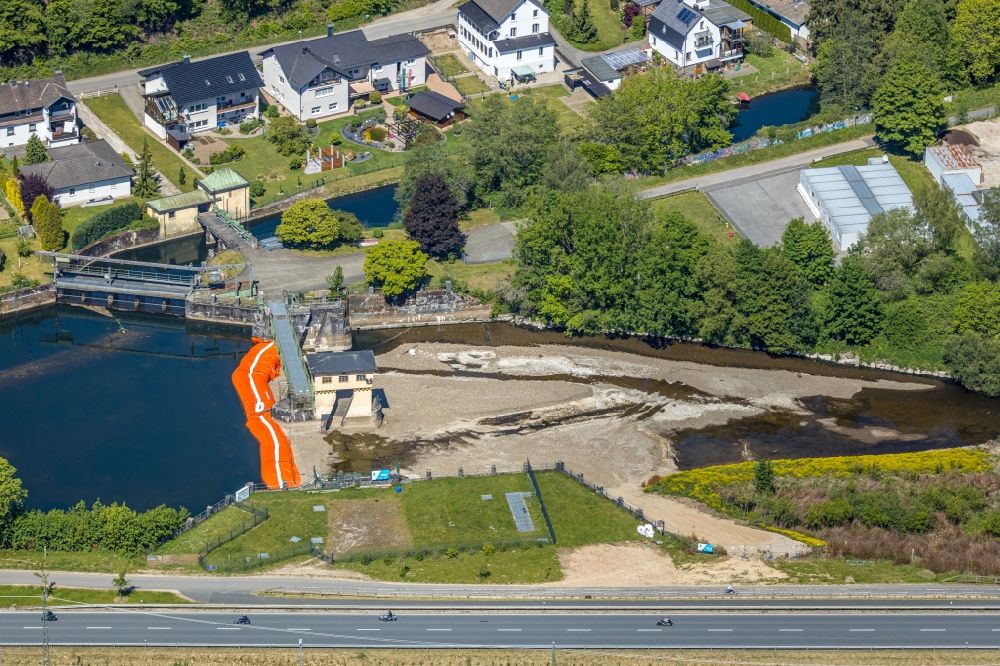 Finnentrop from above - Construction site of the canal works on the course of the canal of Lenne and of Obergraben in Finnentrop in the state North Rhine-Westphalia, Germany