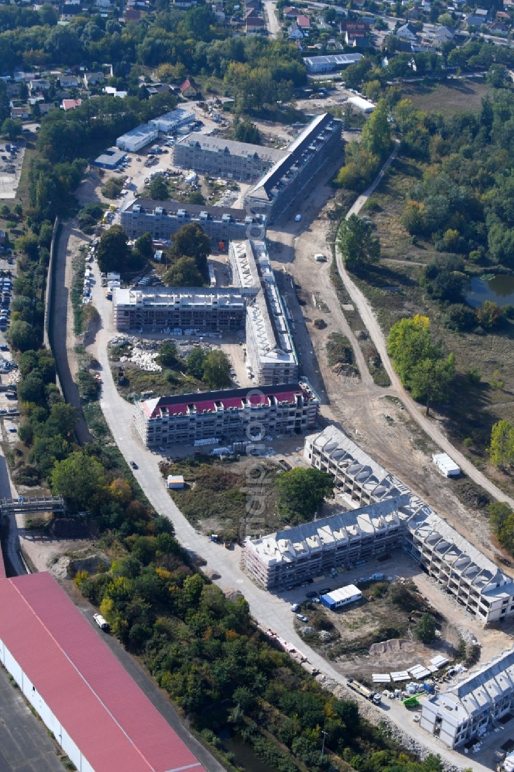 Aerial image Bernau - Construction site for the renovation and reconstruction of the building complex of the former military barracks redevelopment area Panke-Park on Schoenfelder Weg in Bernau in the state Brandenburg, Germany
