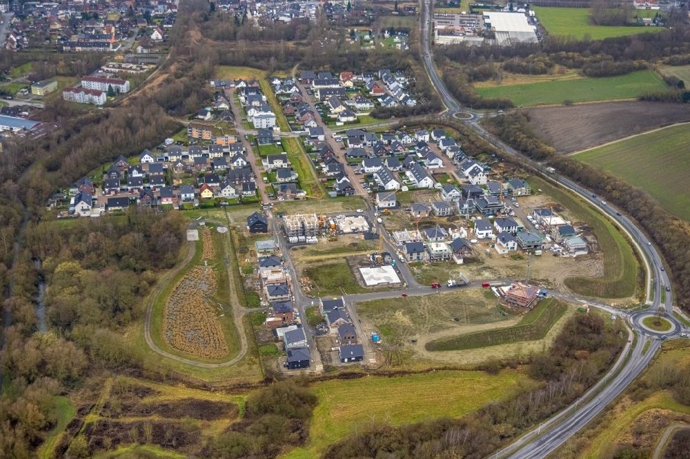 Aerial photograph Hamm - Residential area construction site of a mixed development with multi-family houses and single-family houses- New building Heimshof Ost on Sachensenring in the district Heessen in Hamm at Ruhrgebiet in the state North Rhine-Westphalia, Germany