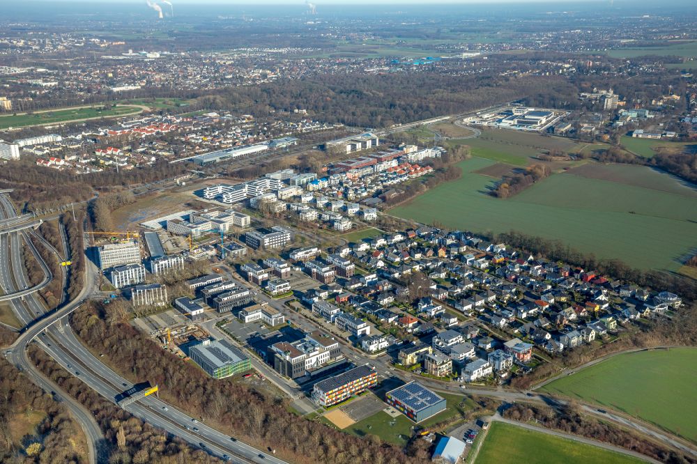 Dortmund from the bird's eye view: residential area construction site of a mixed development with multi-family houses and single-family houses- New building at the Lissaboner Allee - Londoner Bogen in Dortmund at Ruhrgebiet in the state North Rhine-Westphalia, Germany