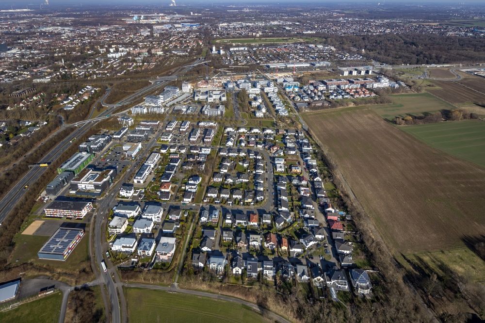 Dortmund from the bird's eye view: Residential area construction site of a mixed development with multi-family houses and single-family houses- New building at the Lissaboner Allee - Londoner Bogen in Dortmund at Ruhrgebiet in the state North Rhine-Westphalia, Germany