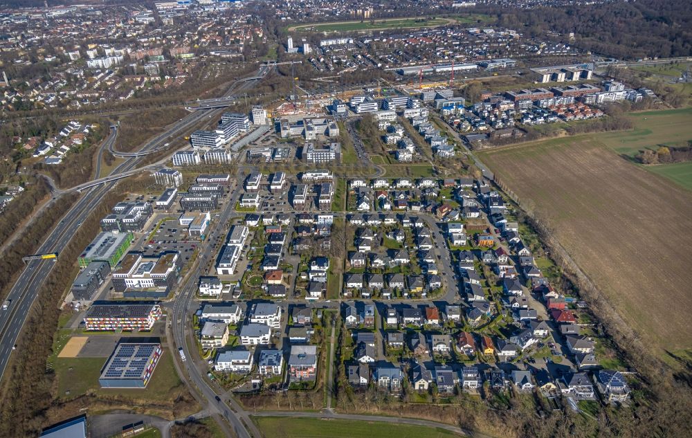 Dortmund from above - Residential area construction site of a mixed development with multi-family houses and single-family houses- New building at the Lissaboner Allee - Londoner Bogen in Dortmund at Ruhrgebiet in the state North Rhine-Westphalia, Germany