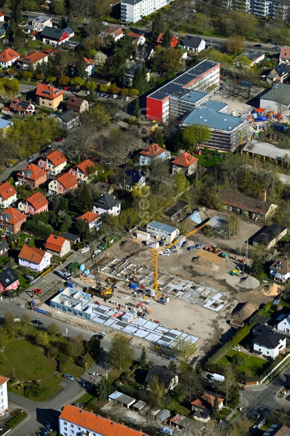 Berlin from above - Construction site for the new building of Asylum accommodation buildings on Rheinpfalzallee Ecke Grafenauer Weg in the district Karlshorst in Berlin, Germany
