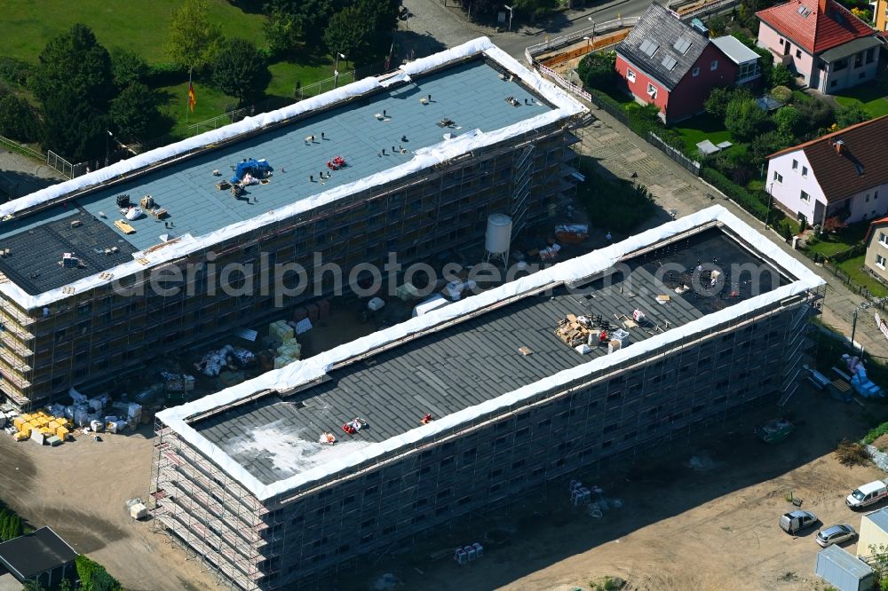 Berlin from above - Construction site for the new building of Asylum accommodation buildings on Rheinpfalzallee Ecke Grafenauer Weg in the district Karlshorst in Berlin, Germany