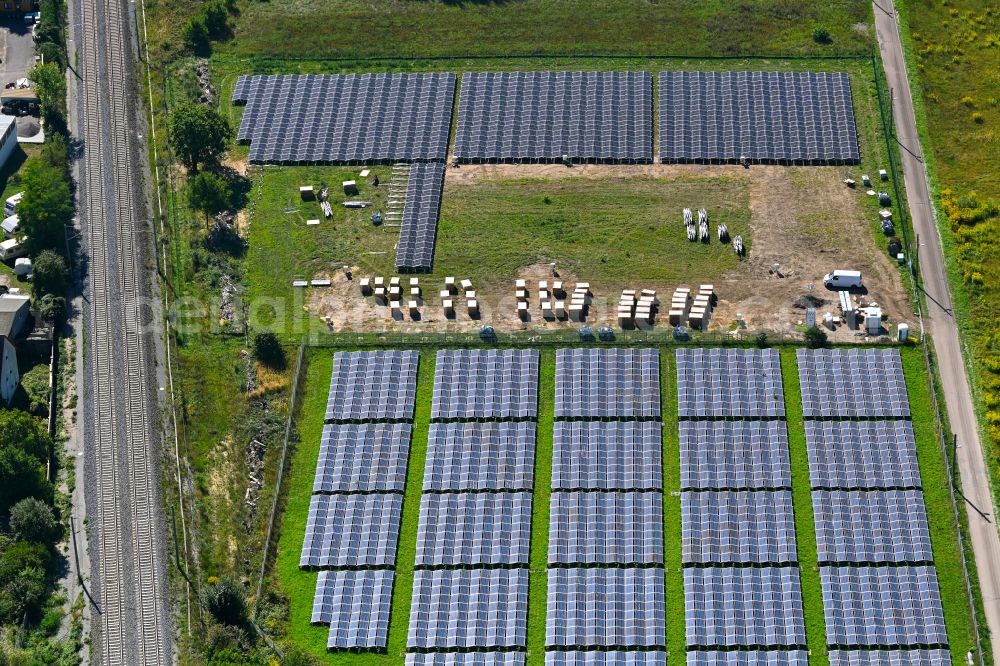 Dessau from the bird's eye view: Construction site and assembly work for solar park and solar power plant in Dessau in the state Saxony-Anhalt, Germany