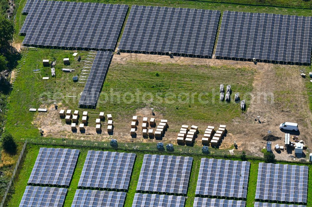 Aerial image Dessau - Construction site and assembly work for solar park and solar power plant in Dessau in the state Saxony-Anhalt, Germany
