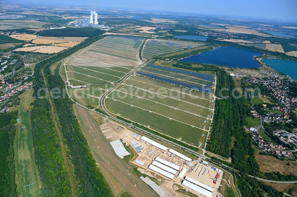 Neukieritzsch from above - Construction site and assembly work for solar park and solar power plant in Neukieritzsch in the state Saxony, Germany