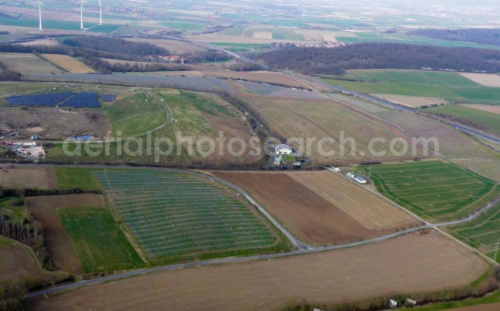 Rosdorf from above - Construction site and assembly work for solar park and solar power plant on street A38 in Rosdorf in the state Lower Saxony, Germany