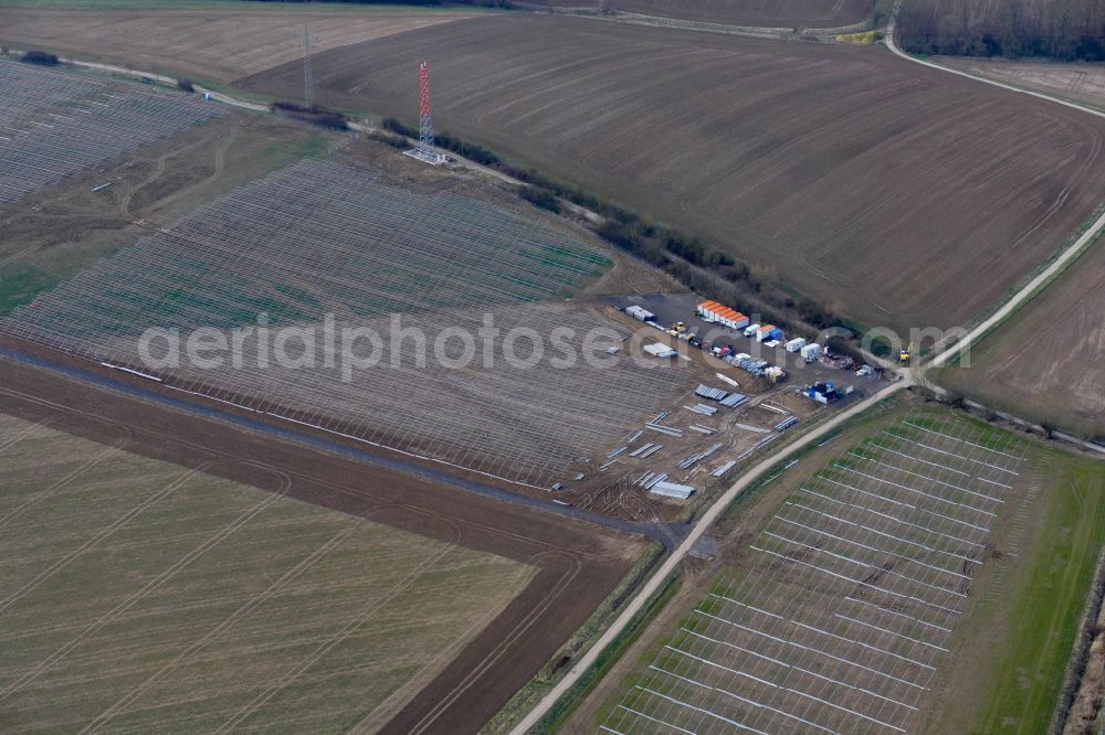 Aerial image Rosdorf - Construction site and assembly work for solar park and solar power plant on street A38 in Rosdorf in the state Lower Saxony, Germany