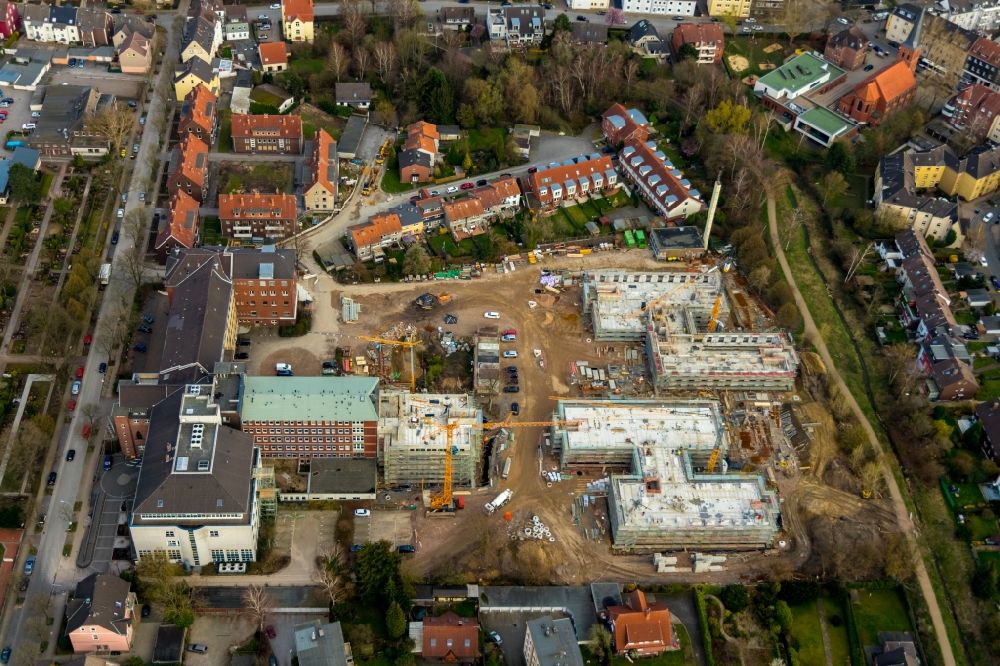 Aerial photograph Herne - Construction site of the new buildings of the retirement home - retirement at Marienhospital-Herne II on Widumer Strasse in Herne in the state North Rhine-Westphalia, Germany