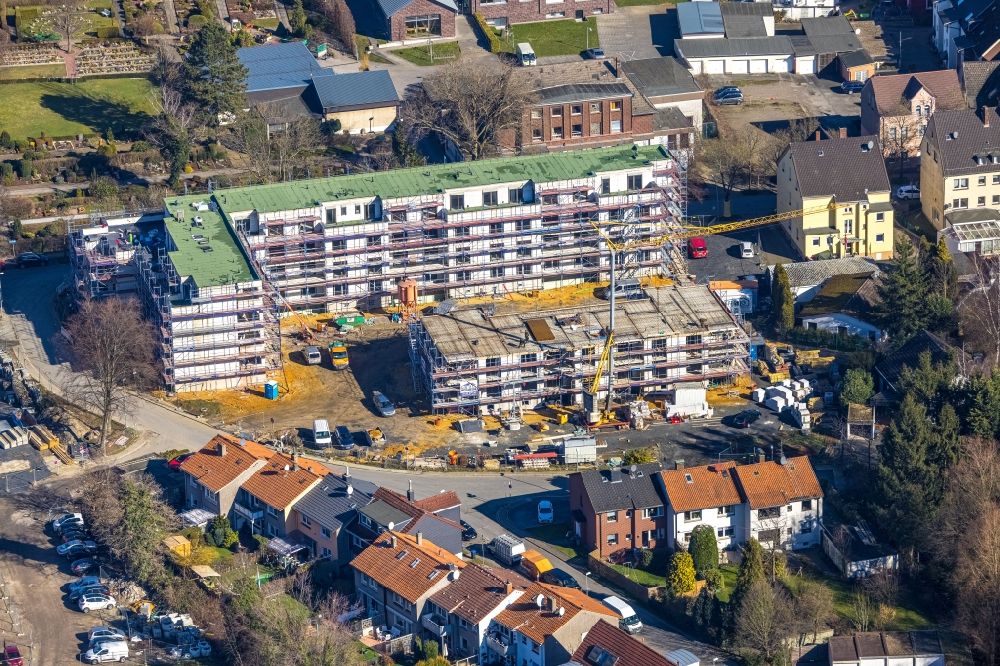 Herne from the bird's eye view: Construction site of the new buildings of the retirement home - retirement at Marienhospital-Herne II on Widumer Strasse in Herne at Ruhrgebiet in the state North Rhine-Westphalia, Germany