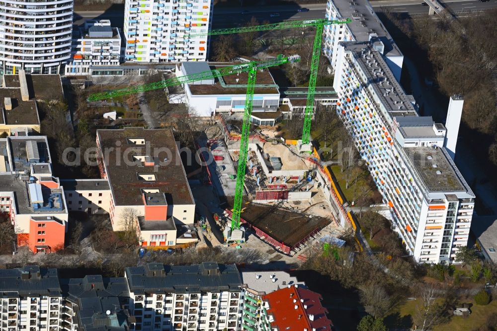 München from the bird's eye view: Construction site of the new buildings of the retirement home - retirement on Gelaende of Campus of Augustinum Gruppe in the district Hadern in Munich in the state Bavaria, Germany