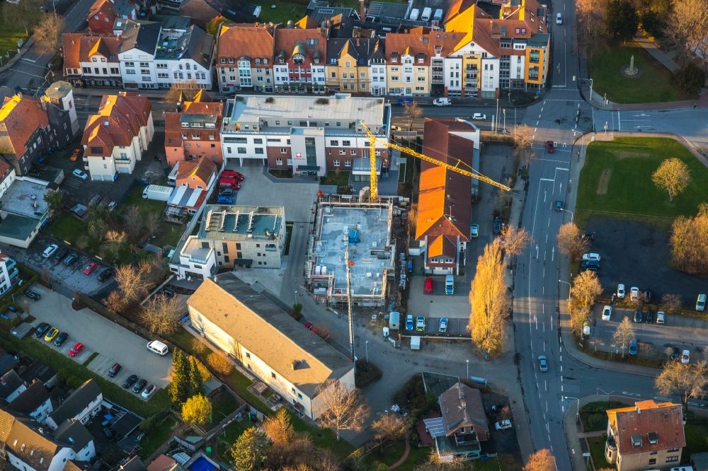 Aerial image Werl - Construction site of the new buildings of the retirement home - retirement Caritas Sozialstation Werl on street Bahnhofstrasse in Werl in the state North Rhine-Westphalia, Germany