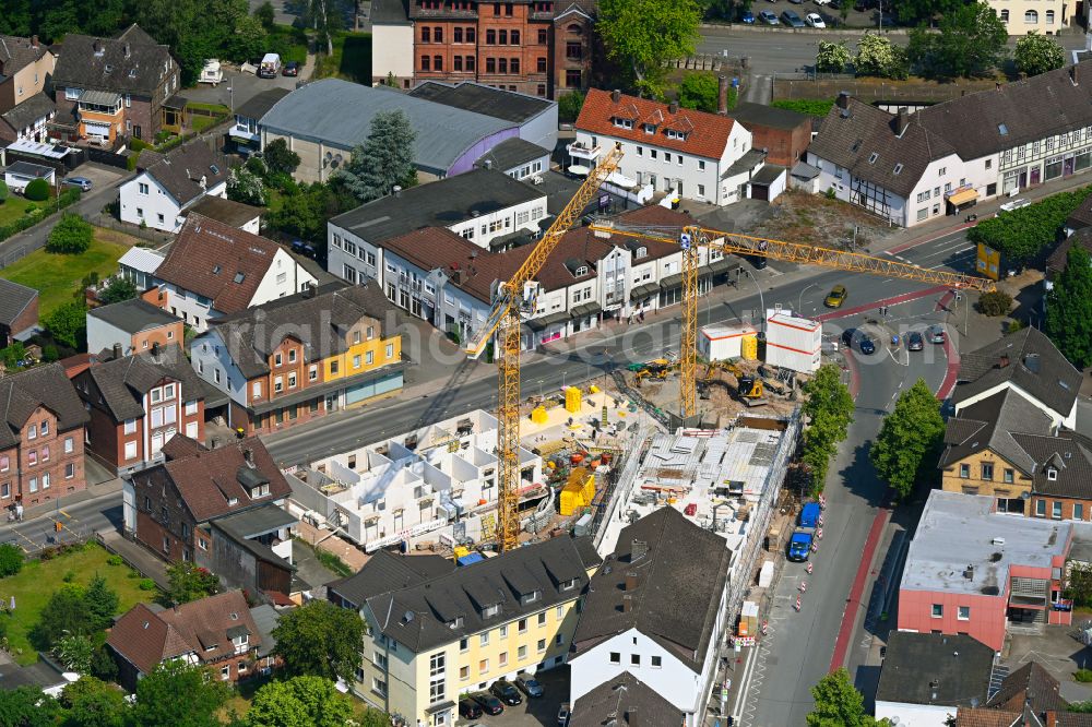 Aerial image Holzminden - Construction site of the new buildings of the retirement home - retirement Nordik Care Wohnpark on Fuerstenberger Strasse corner Bahnhofstrasse in Holzminden in the state Lower Saxony, Germany