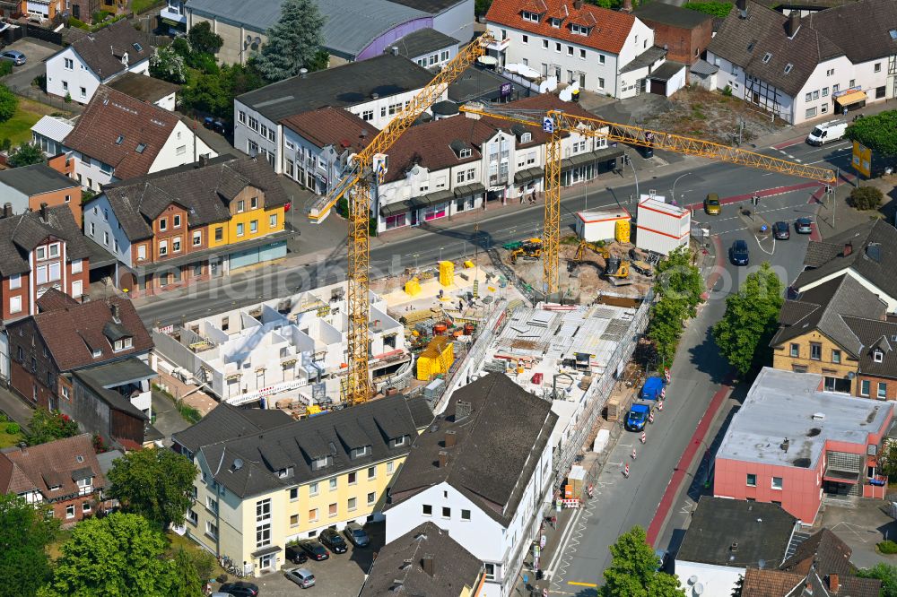 Aerial photograph Holzminden - Construction site of the new buildings of the retirement home - retirement Nordik Care Wohnpark on Fuerstenberger Strasse corner Bahnhofstrasse in Holzminden in the state Lower Saxony, Germany