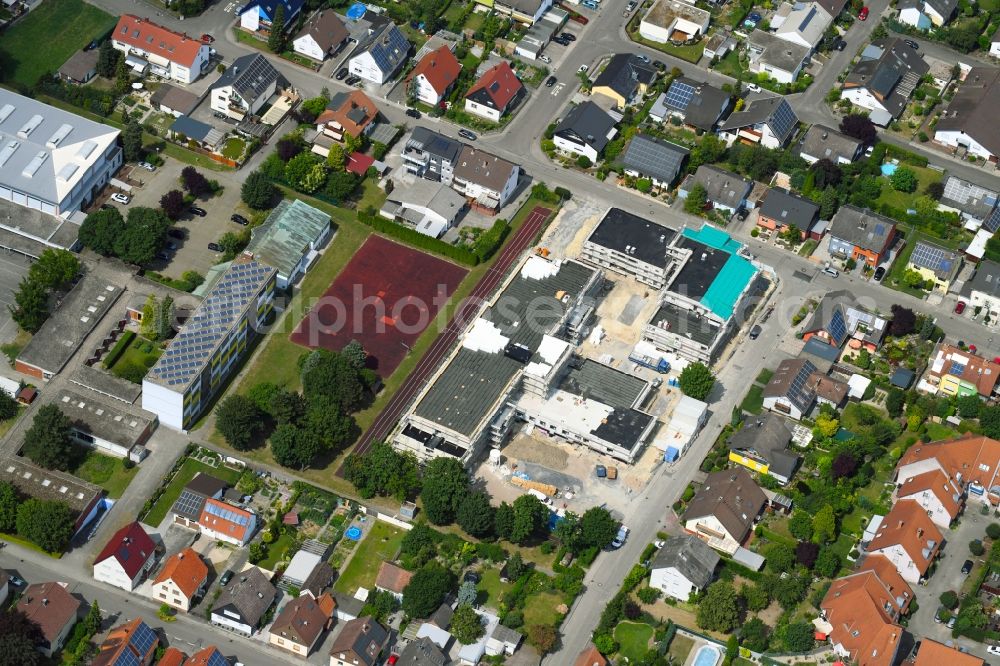 Dettenheim from the bird's eye view: Construction site of a new build retirement home along the Humboldtstrasse corner Goethestrasse in Dettenheim in the state Baden-Wurttemberg, Germany