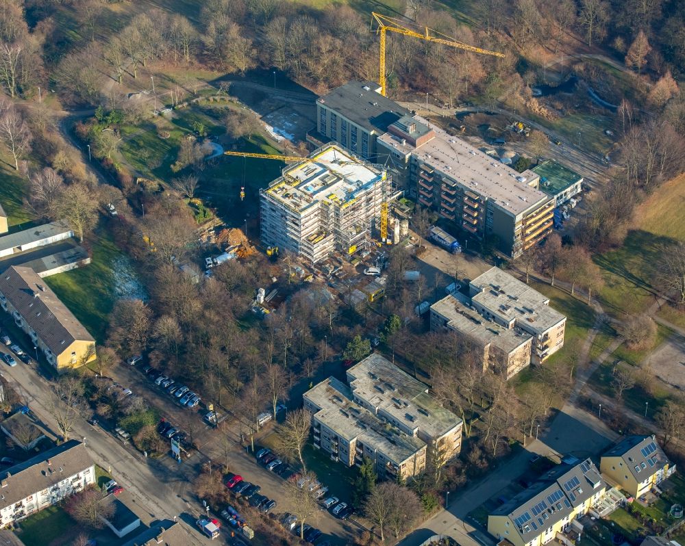 Mülheim an der Ruhr from the bird's eye view: Building site of the new building of a senior citizen's centre nursing home for the elderly on the break in the district of Duempten in Muelheim in the Ruhr in the federal state North Rhine-Westphalia