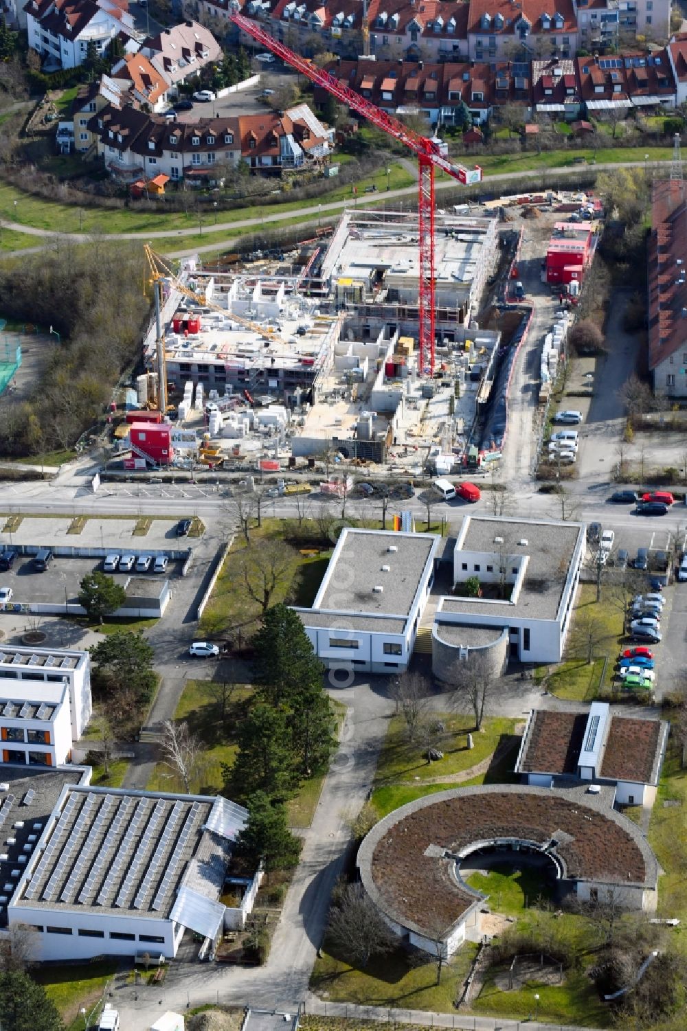 Würzburg from above - Construction site of a new build retirement home on Berner Strasse in the district Heuchelhof in Wuerzburg in the state Bavaria, Germany