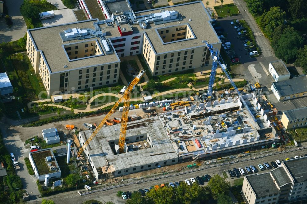 Aerial image Berlin - Construction site of a new build retirement home of Vivantes Forum fuer Senioren GmbH on Muensterberger Weg in the district Kaulsdorf in Berlin, Germany