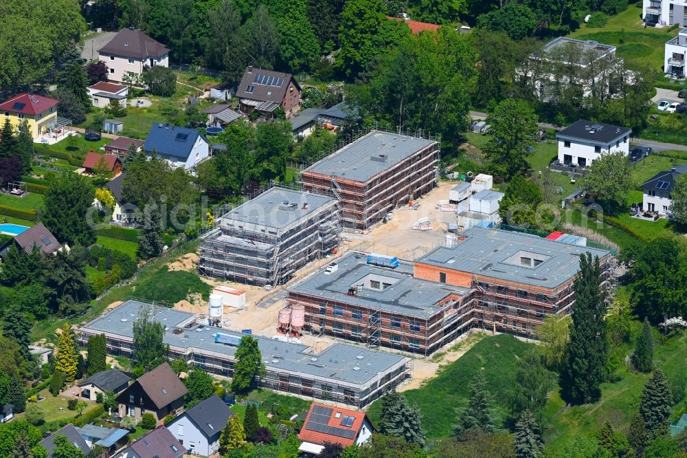 Aerial image Berlin - Construction site of a new build retirement home on Wernergraben corner Sudermannstrasse in the district Mahlsdorf in Berlin, Germany