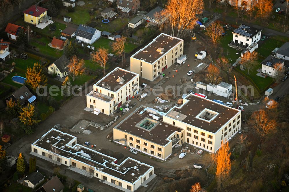 Berlin from above - Construction site of a new build retirement home on Wernergraben corner Sudermannstrasse on street Florastrasse in the district Mahlsdorf in Berlin, Germany