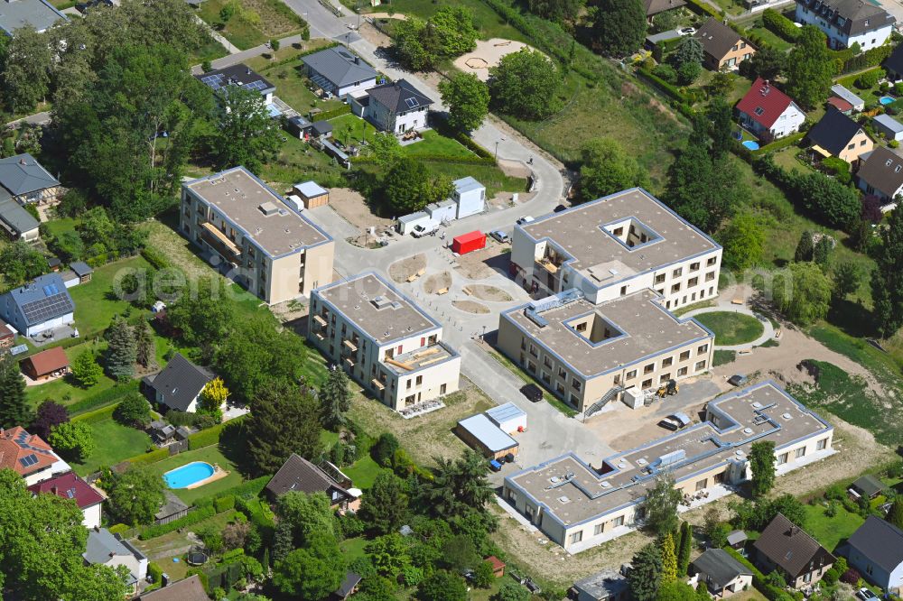 Aerial image Berlin - Construction site of a new build retirement home on Wernergraben corner Sudermannstrasse on street Florastrasse in the district Mahlsdorf in Berlin, Germany
