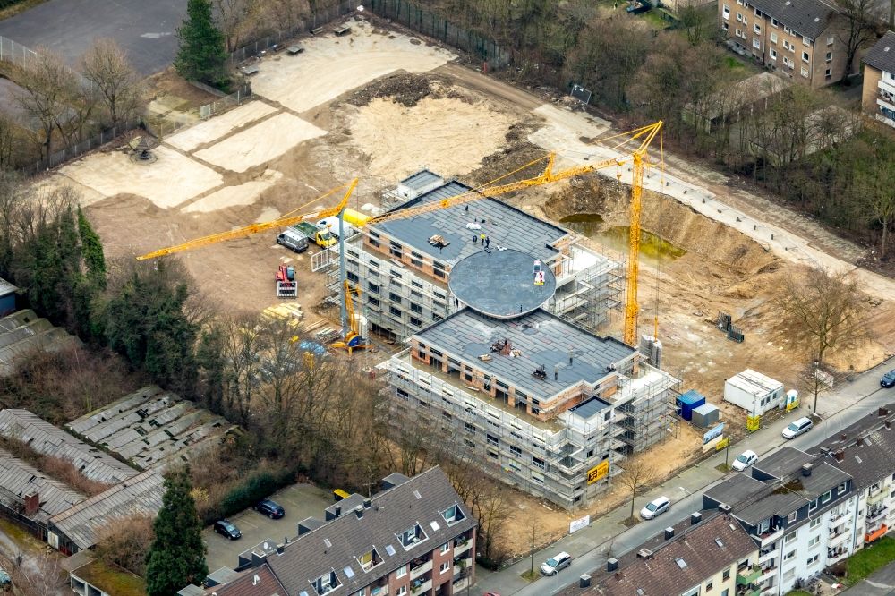 Aerial image Duisburg - Construction site of a new build retirement home on Bronkhorststrasse in the district Meiderich-Beeck in Duisburg in the state North Rhine-Westphalia, Germany