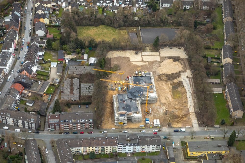 Aerial photograph Duisburg - Construction site of a new build retirement home on Bronkhorststrasse in the district Meiderich-Beeck in Duisburg in the state North Rhine-Westphalia, Germany