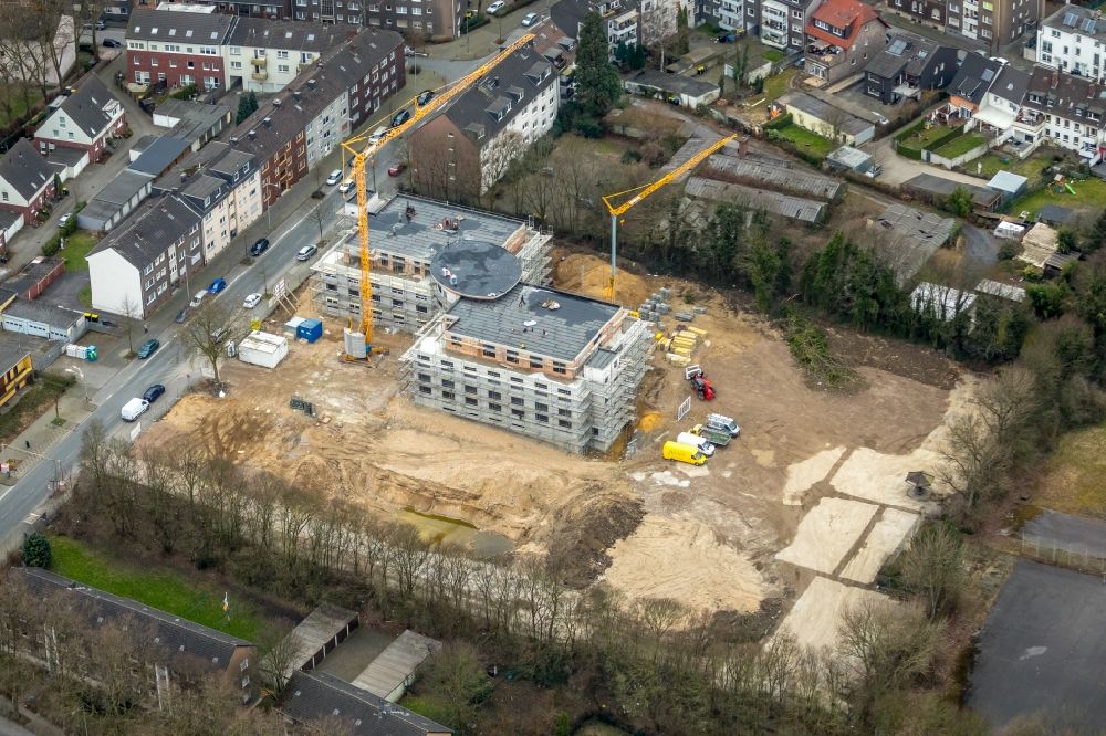 Duisburg from the bird's eye view: Construction site of a new build retirement home on Bronkhorststrasse in the district Meiderich-Beeck in Duisburg in the state North Rhine-Westphalia, Germany