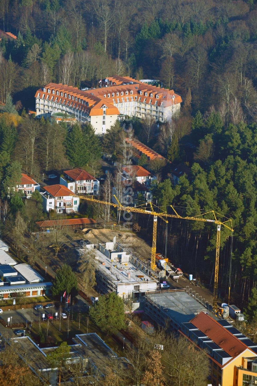 Wandlitz from above - Construction site of a new build retirement home on Kurallee in the district Waldsiedlung in Wandlitz in the state Brandenburg, Germany