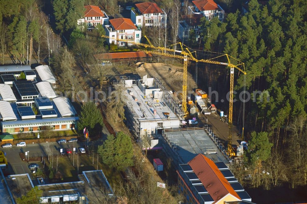 Wandlitz from the bird's eye view: Construction site of a new build retirement home on Kurallee in the district Waldsiedlung in Wandlitz in the state Brandenburg, Germany