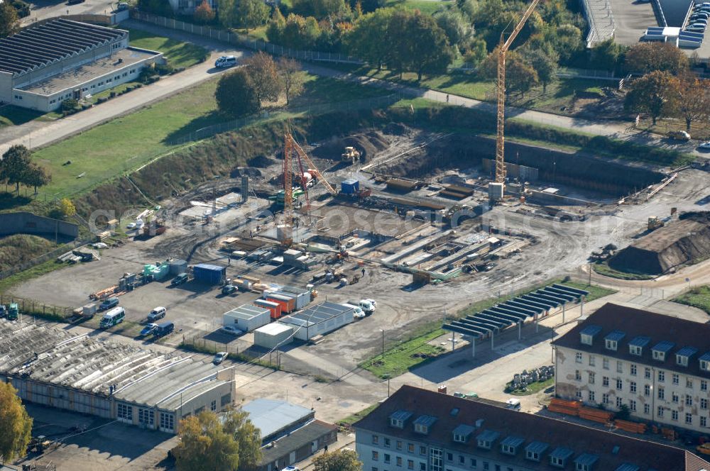 Aerial photograph Erfurt - Blick auf die Baustelle für den Polizei-Neubau im Stadtteil Daberstedt an der Kranichfelder Straße. Das Finanzvolumen für dieses Projekt beträgt 85 Mio Euro bei einer Nutzfläche um die 20.000 qm. Beherbergen wirde der Neubau die Bereitschaftspolizei und das Landeskriminalamt LKA.