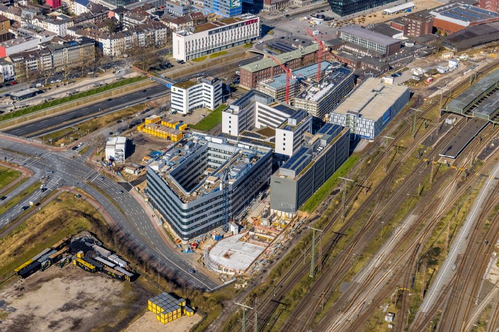Aerial image Duisburg - Construction site to build a new office and commercial building on Koloniestrasse - Mercatorstrasse - Wuhanstrasse in Duisburg at Ruhrgebiet in the state North Rhine-Westphalia, Germany