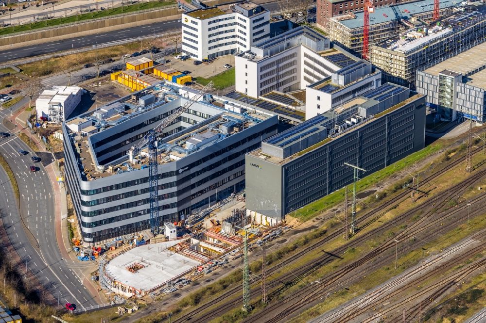 Duisburg from above - Construction site to build a new office and commercial building on Koloniestrasse - Mercatorstrasse - Wuhanstrasse in Duisburg at Ruhrgebiet in the state North Rhine-Westphalia, Germany