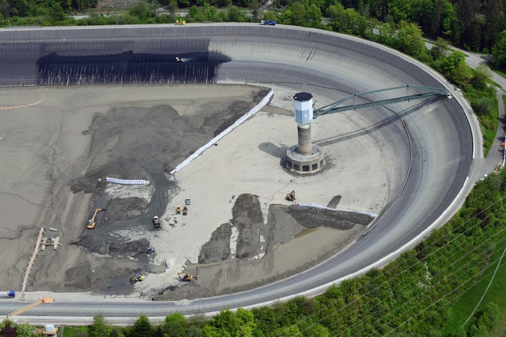 Aerial photograph Bad Säckingen - Construction works at the high storage reservoir Eggbergbecken in the district Egg of the village Rickenbach in the state Baden-Wurttemberg, Germany. It is rehabbed and cleaned. Situated on the high plateau of the Hotzenwald above the Upper Rhine valley near Bad Saeckingen