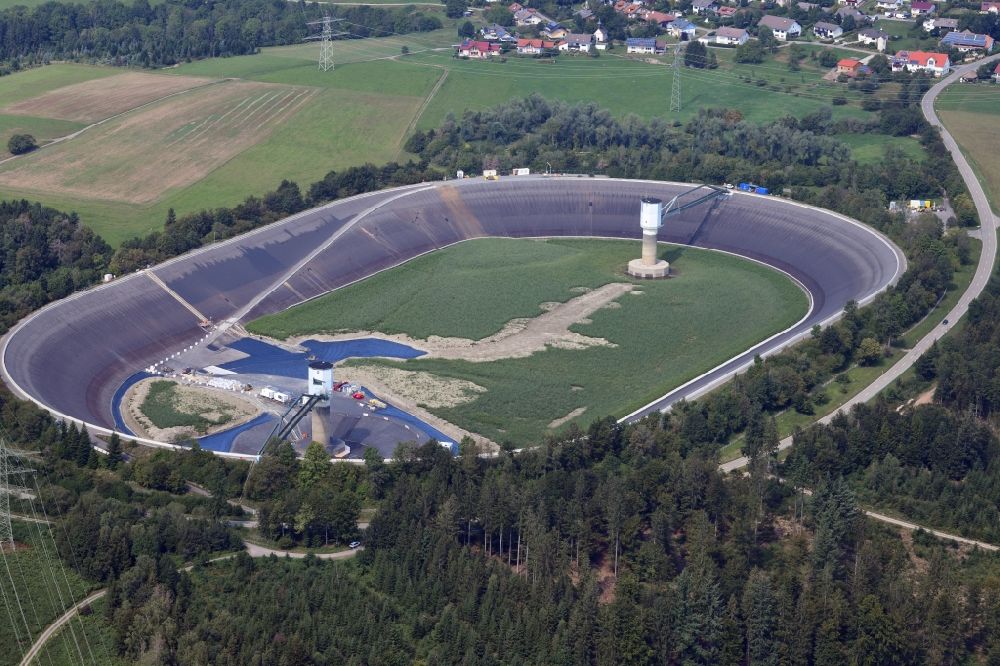 Bad Säckingen from above - High storage reservoir Eggbergbecken in the district Egg of the village Rickenbach in the state Baden-Wurttemberg, Germany is rehabbed and cleaned. Situated on the high plateau of the Hotzenwald above the Upper Rhine valley near Bad Saeckingen